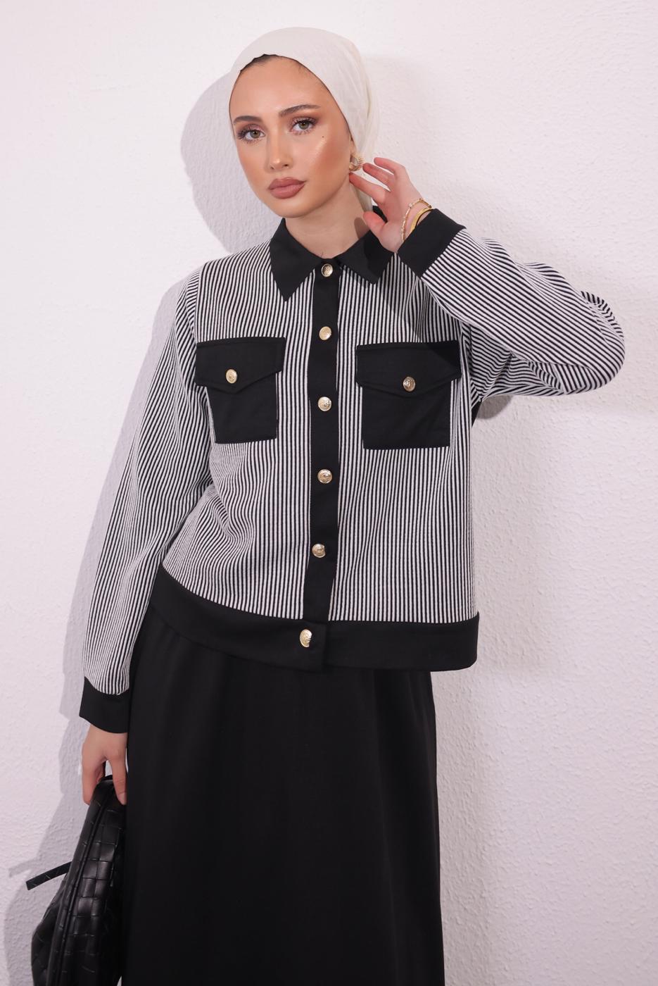 Vêtements hijab NOIR COSTUME À JUPE À RAYURES T 0054