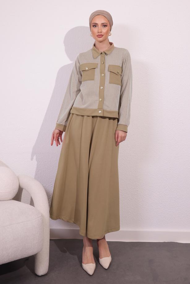 Tesettür giyim BEJ ÇİZGİLİ ETEKLİ TAKIM T 0054 - TRENDTESETTÜR