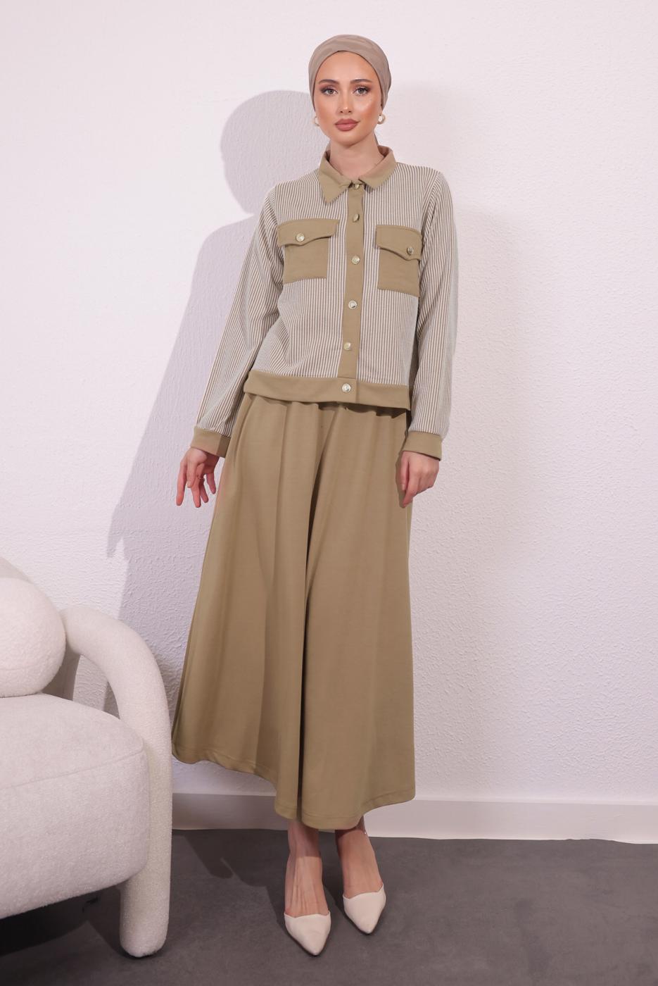 Vêtements hijab BEIGE COSTUME À JUPE À RAYURES T 0054