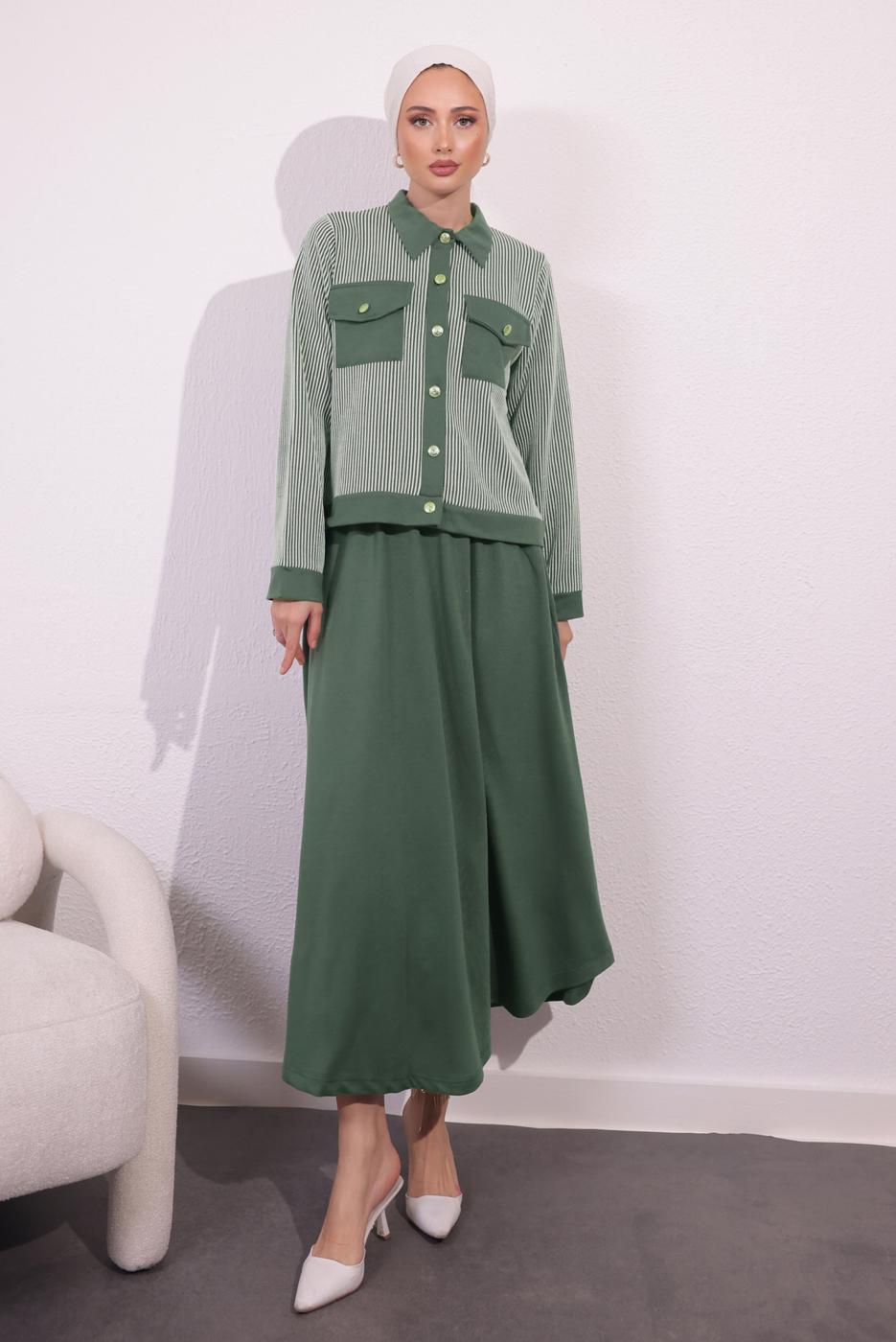 Vêtements hijab KAKI COSTUME À JUPE À RAYURES T 0054