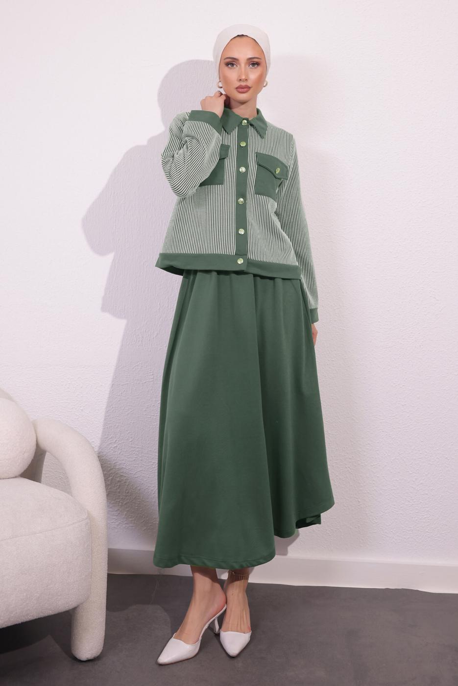 Vêtements hijab KAKI COSTUME À JUPE À RAYURES T 0054