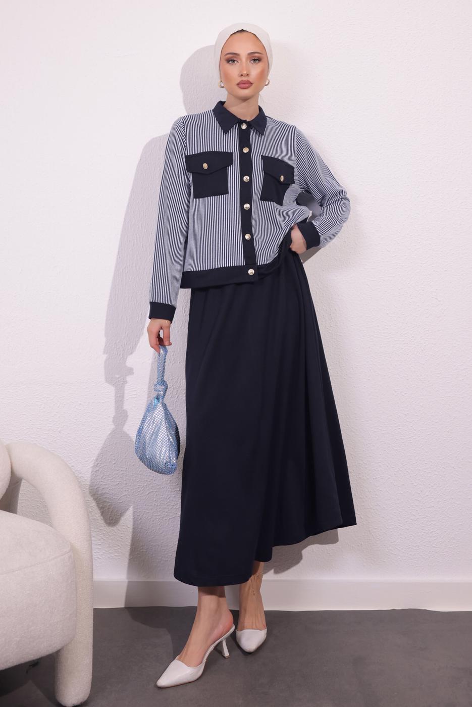 Vêtements hijab BLEU MARINE COSTUME À JUPE À RAYURES T 0054