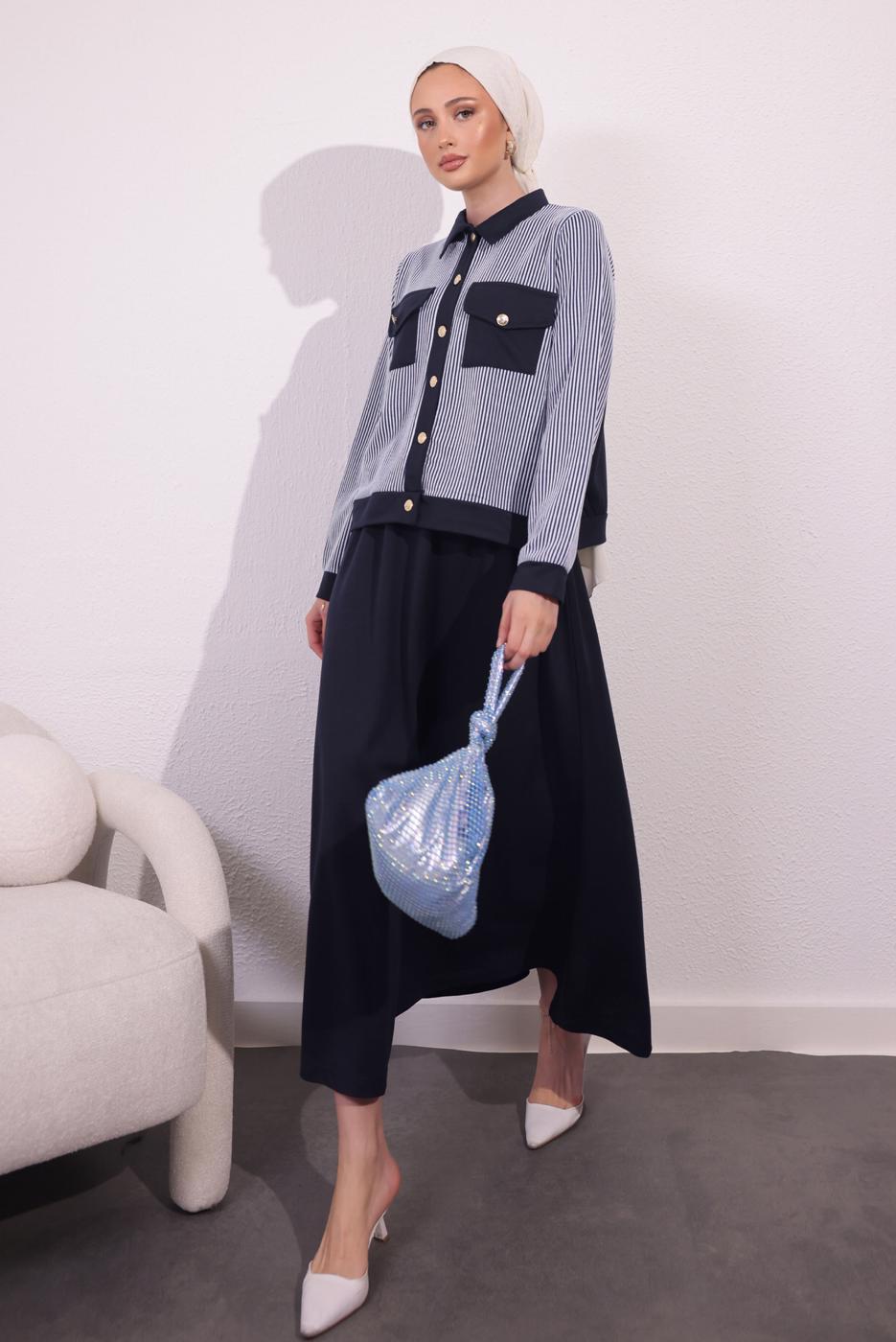 Vêtements hijab BLEU MARINE COSTUME À JUPE À RAYURES T 0054