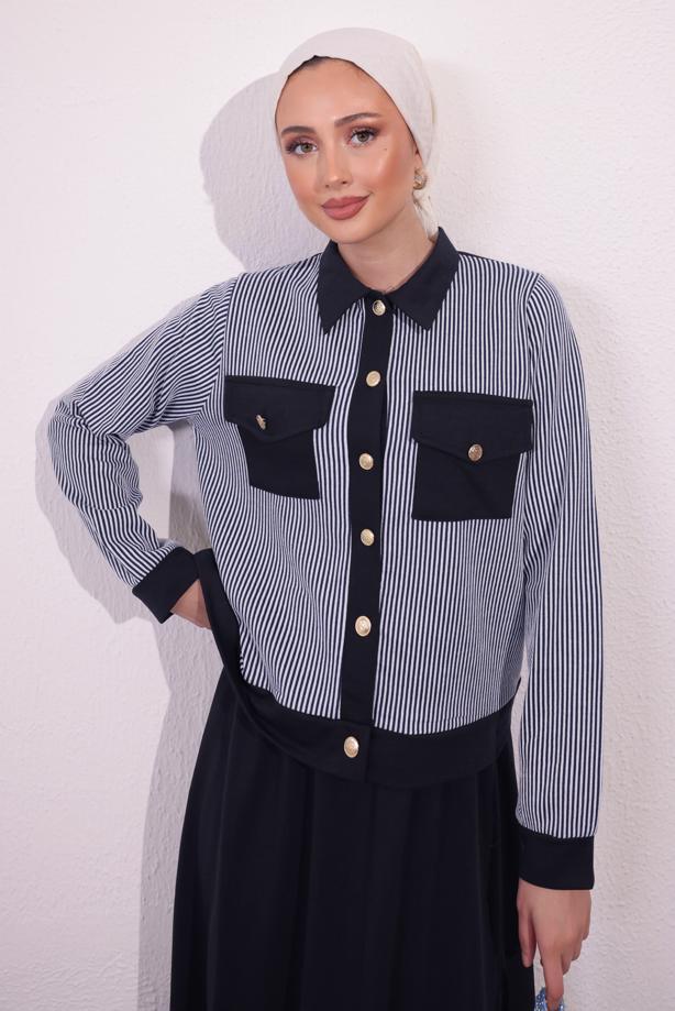 Tesettür giyim LACİVERT ÇİZGİLİ ETEKLİ TAKIM T 0054 - TRENDTESETTÜR