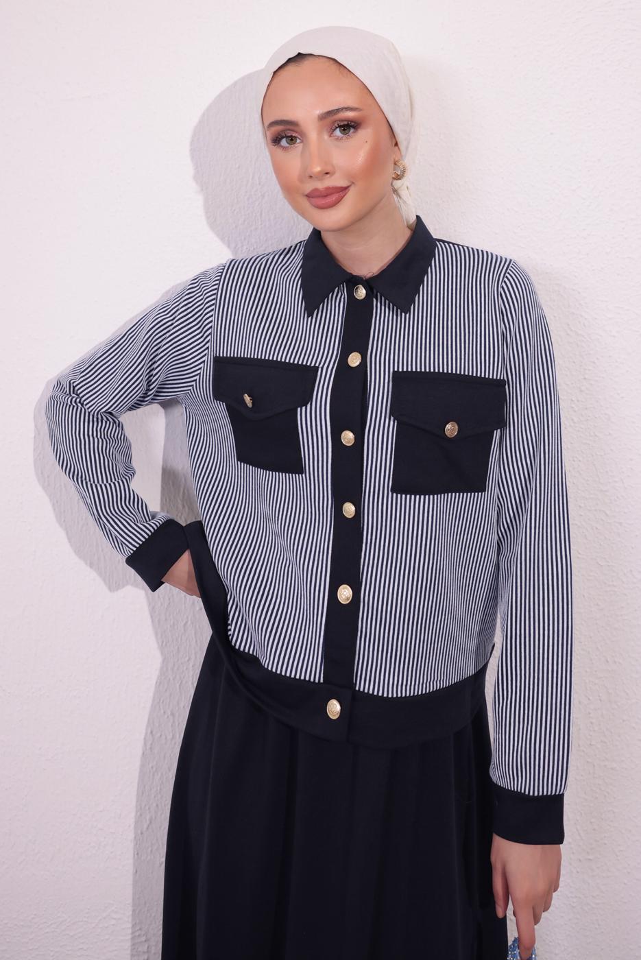 Vêtements hijab BLEU MARINE COSTUME À JUPE À RAYURES T 0054