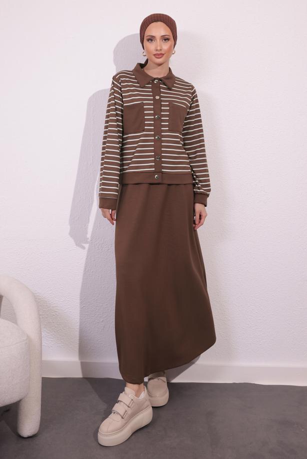 Tesettür giyim KAHVE ÖRME ETEKLİ TAKIM T 1154 - TRENDTESETTÜR