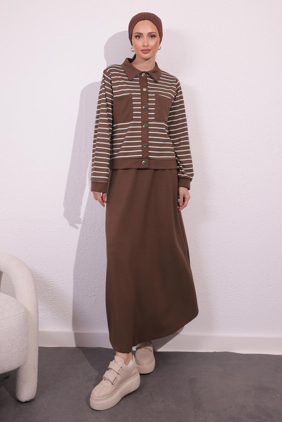 Vêtements hijab BRUN COSTUME À JUPE À RAYURES T 1154