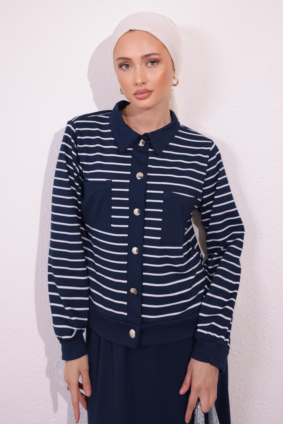 Vêtements hijab BLEU MARINE COSTUME À JUPE À RAYURES T 1154