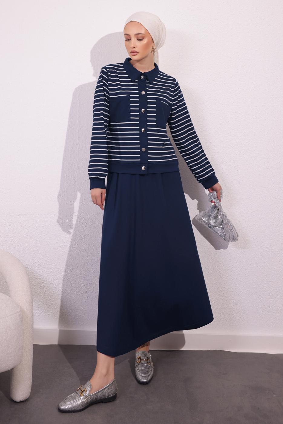 Vêtements hijab BLEU MARINE COSTUME À JUPE À RAYURES T 1154