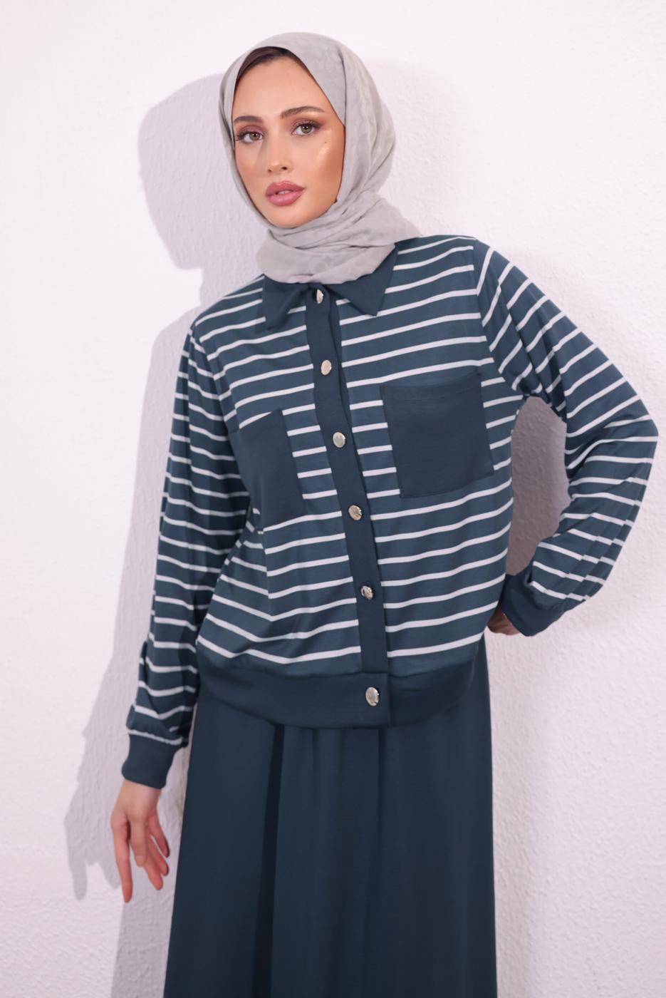 Vêtements hijab GRIS COSTUME À JUPE À RAYURES T 1154