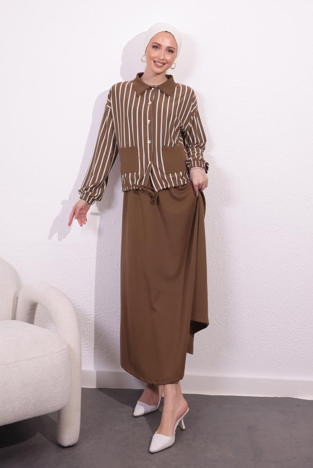 Hijab clothing BROWN STRIPED SKIRTED SUIT T 2154 - TRENDTESETTÜR