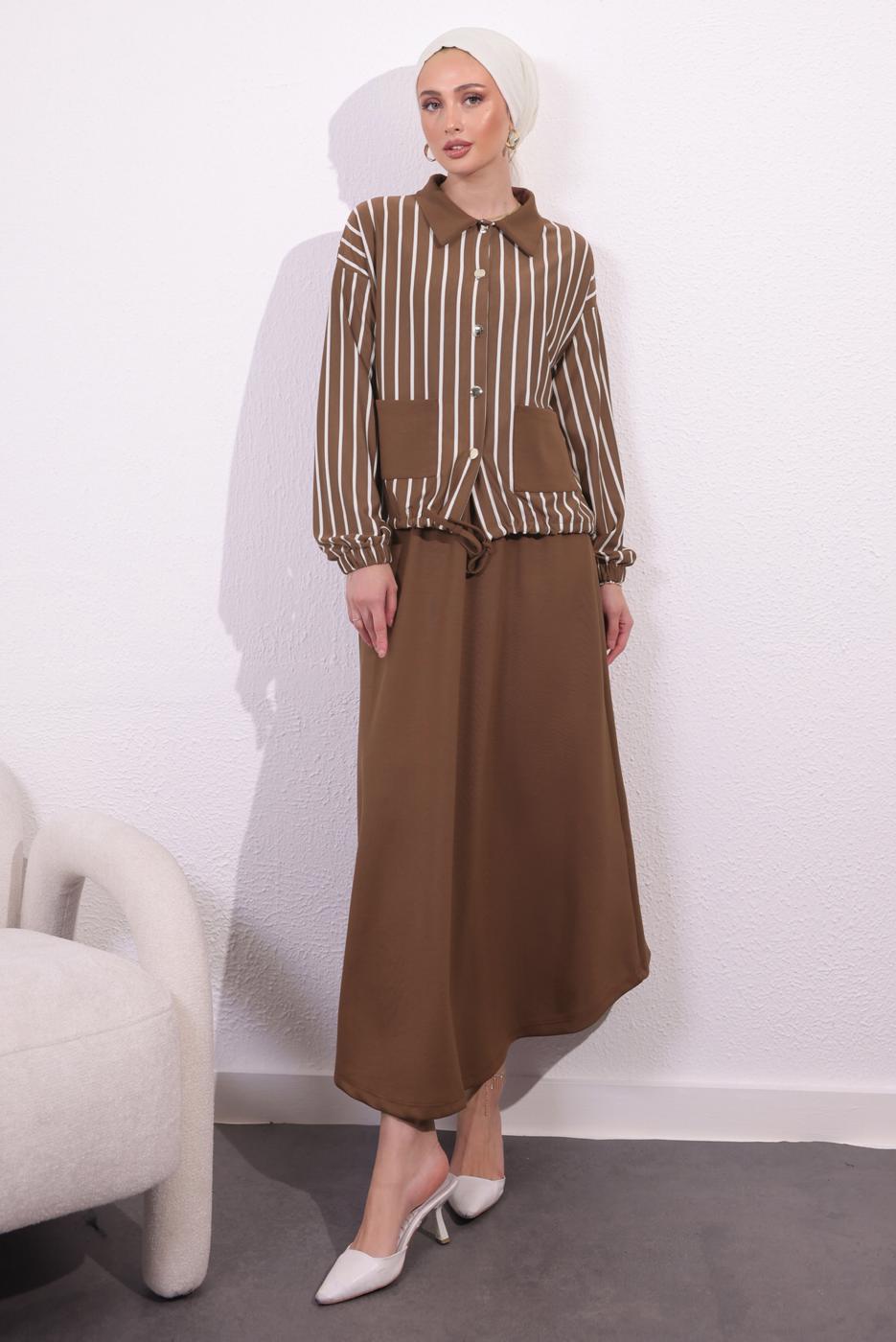 Hijab clothing BROWN STRIPED SKIRTED SUIT T 2154