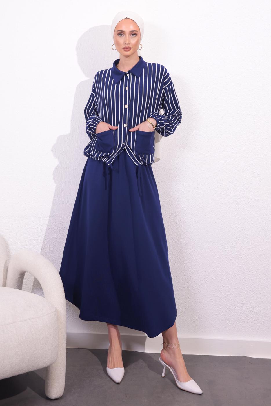 Hijab clothing NAVY BLUE STRIPED SKIRTED SUIT T 2154