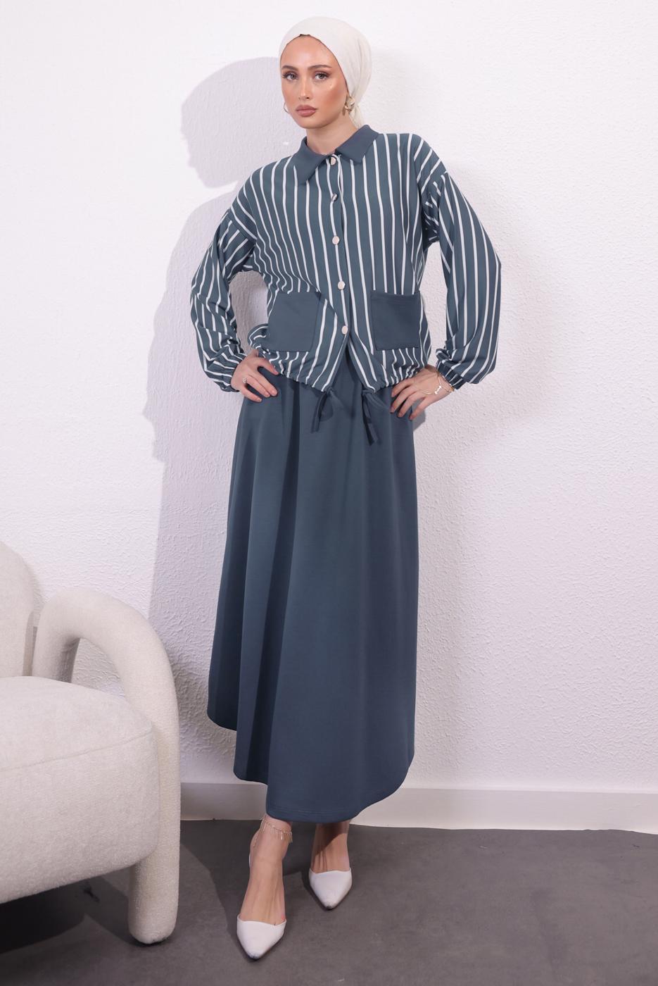 Vêtements hijab GRIS COSTUME À JUPE À RAYURES T 2154