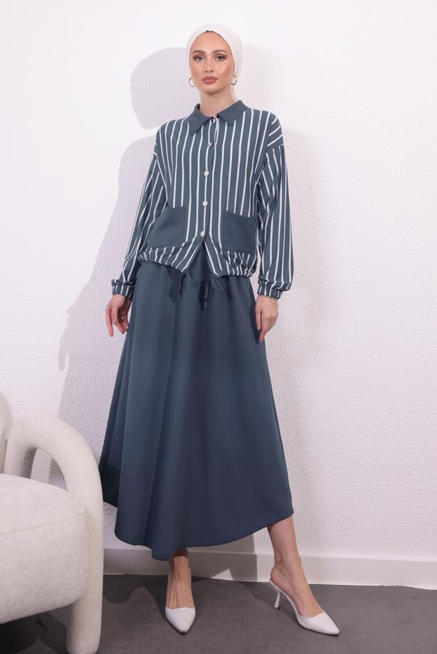 Tesettür giyim GRİ ÖRME ETEKLİ TAKIM T 2154 - TRENDTESETTÜR