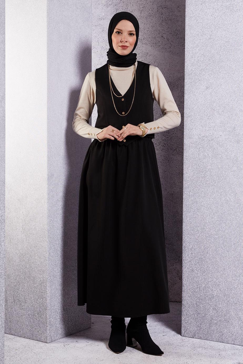 Tesettür giyim SİYAH YELEKLİ ETEKLİ TAKIM T 3637