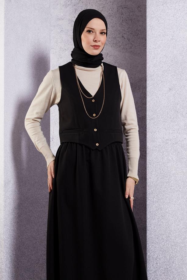 Tesettür giyim SİYAH YELEKLİ ETEKLİ TAKIM T 3637 - TRENDTESETTÜR