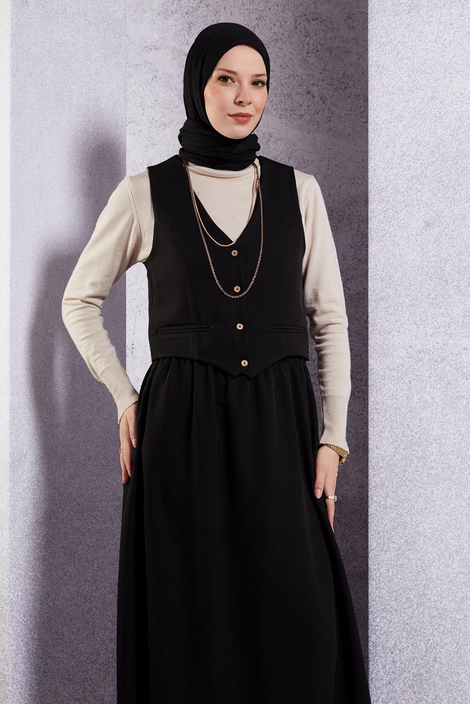 Tesettür giyim SİYAH YELEKLİ ETEKLİ TAKIM T 3637