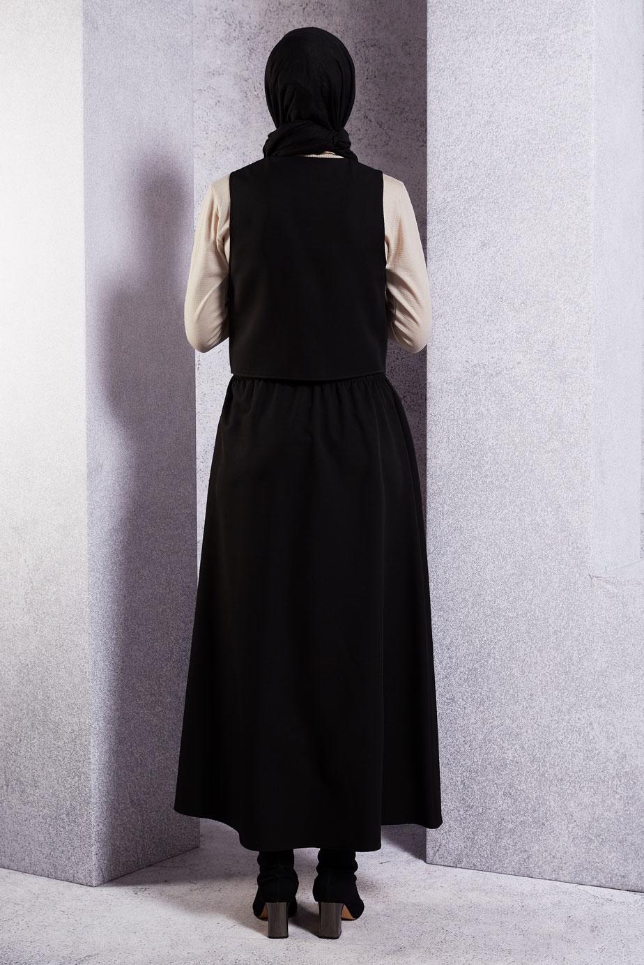 Tesettür giyim SİYAH YELEKLİ ETEKLİ TAKIM T 3637