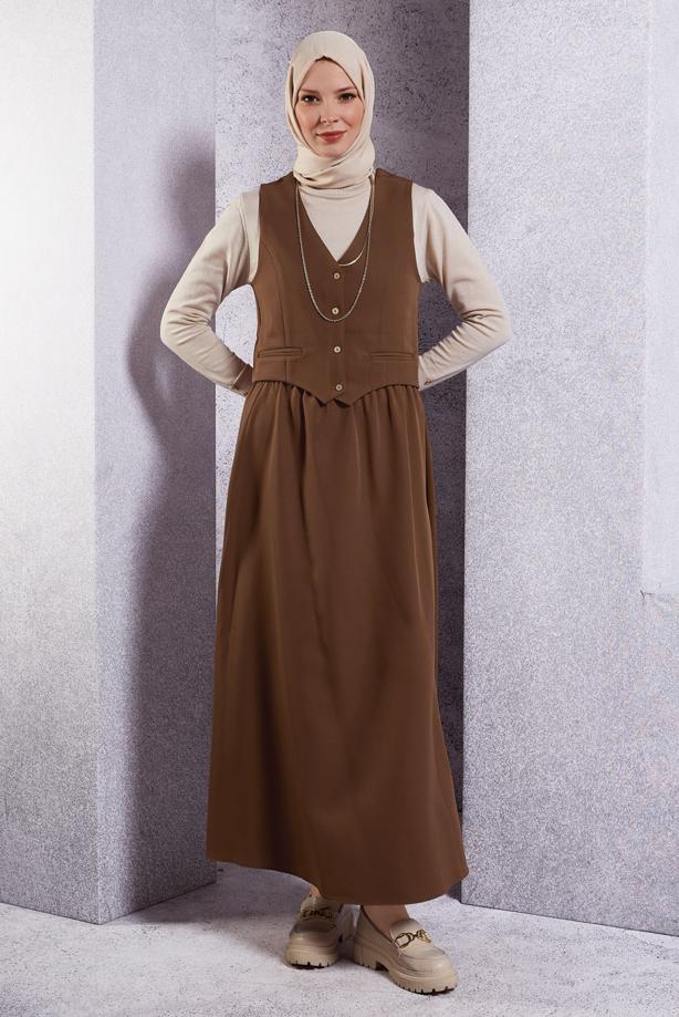 Tesettür giyim KAHVE YELEKLİ ETEKLİ TAKIM T 3637 - TRENDTESETTÜR