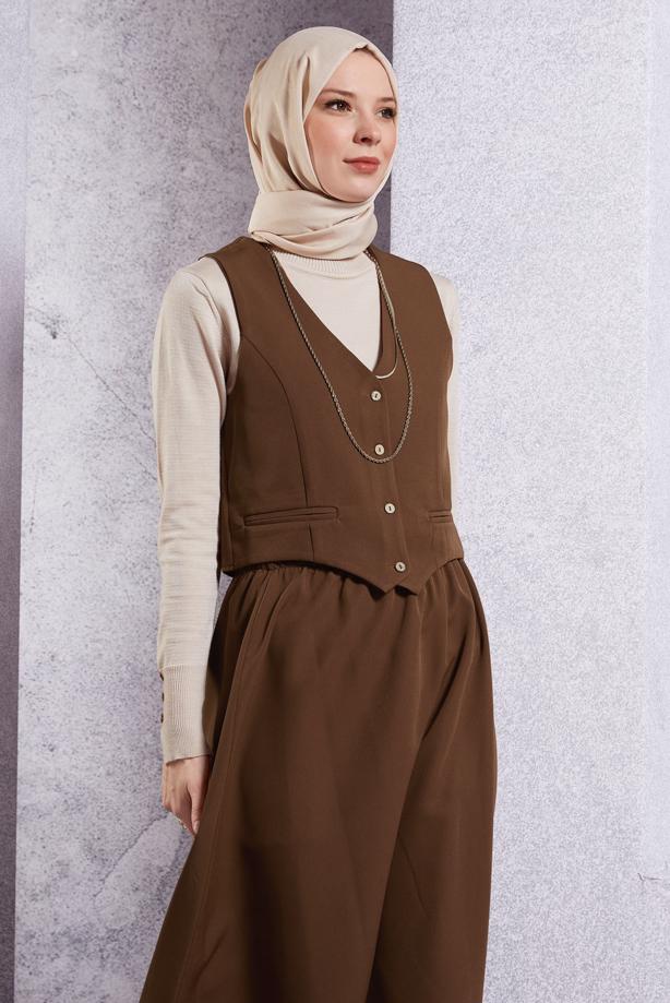 Tesettür giyim KAHVE YELEKLİ ETEKLİ TAKIM T 3637 - TRENDTESETTÜR