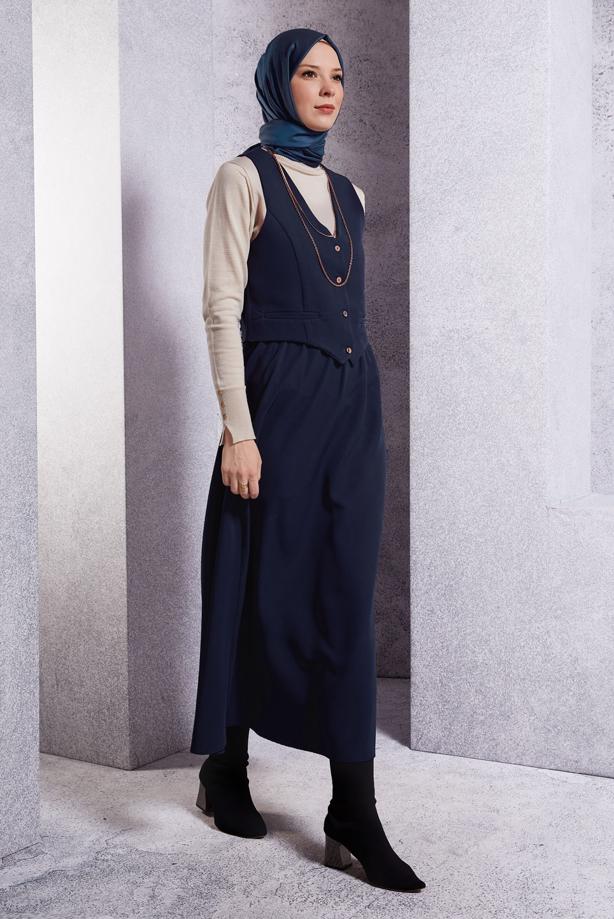 Tesettür giyim LACİVERT YELEKLİ ETEKLİ TAKIM T 3637 - TRENDTESETTÜR