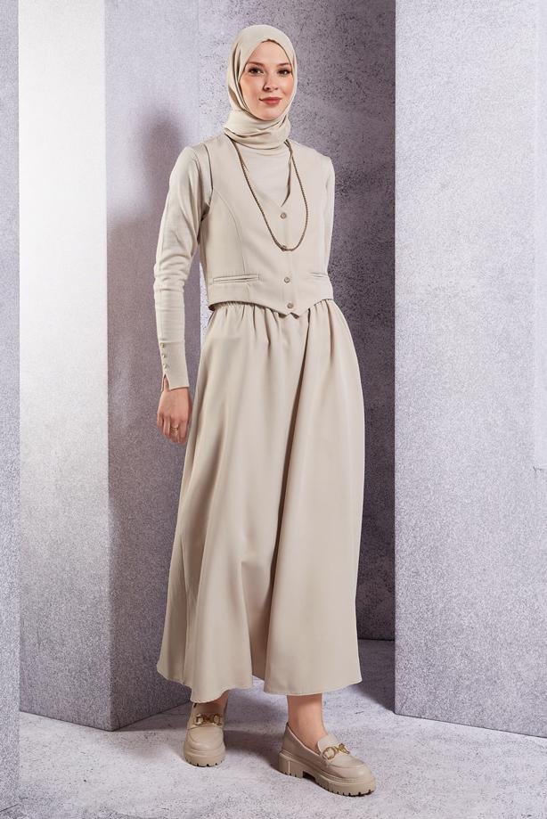 Tesettür giyim BEJ YELEKLİ ETEKLİ TAKIM T 3637 - TRENDTESETTÜR
