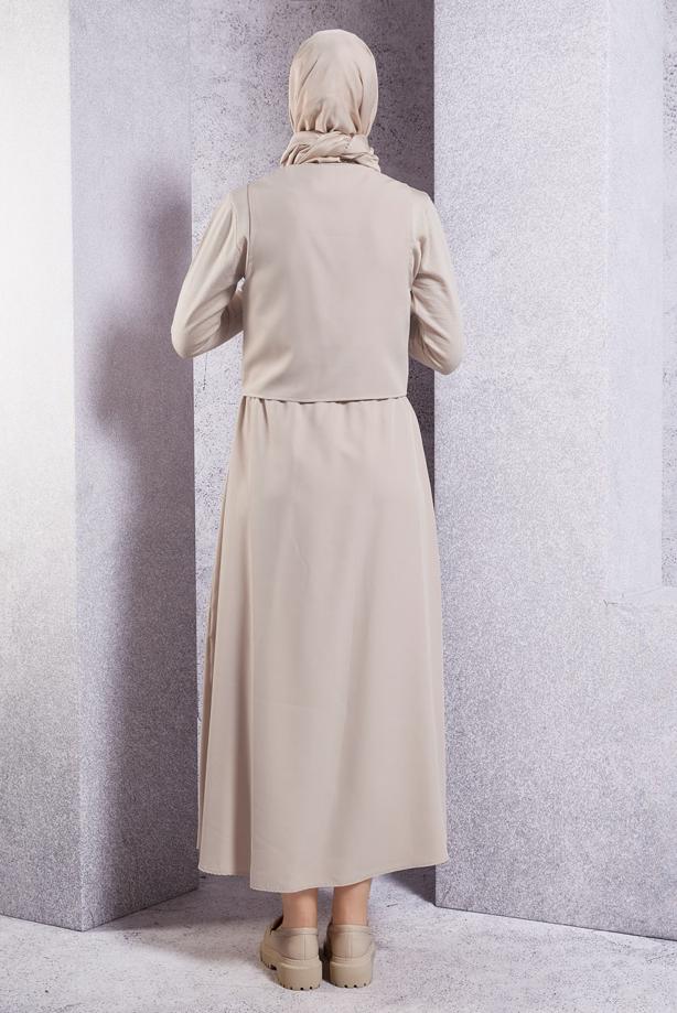Tesettür giyim BEJ YELEKLİ ETEKLİ TAKIM T 3637 - TRENDTESETTÜR
