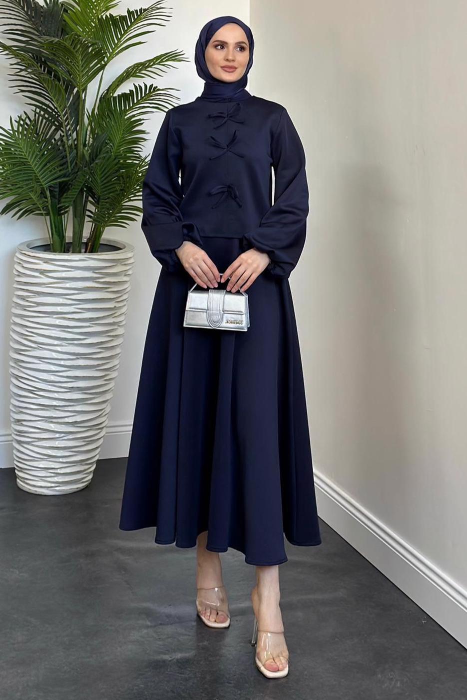 Tesettür giyim LACİVERT ETEKLİ SCUBA TAKIM T 9416