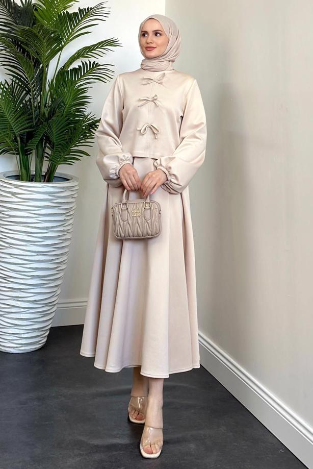 Tesettür giyim BEJ ETEKLİ SCUBA TAKIM T 9416 - TRENDTESETTÜR