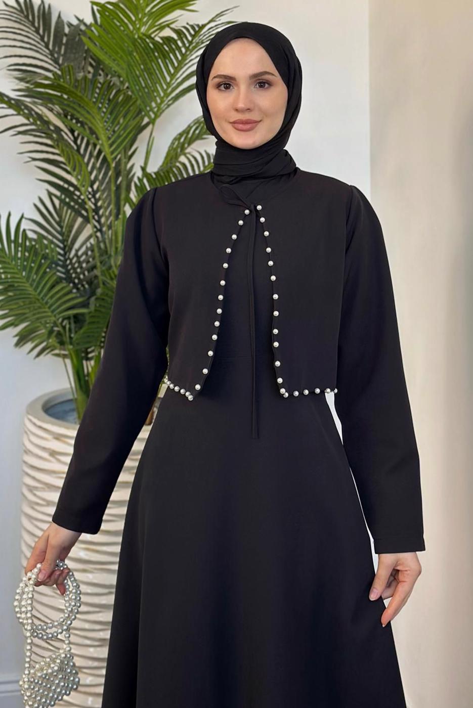 Hijab clothing BLACK DRESS SUIT WITH PEARL T 6416