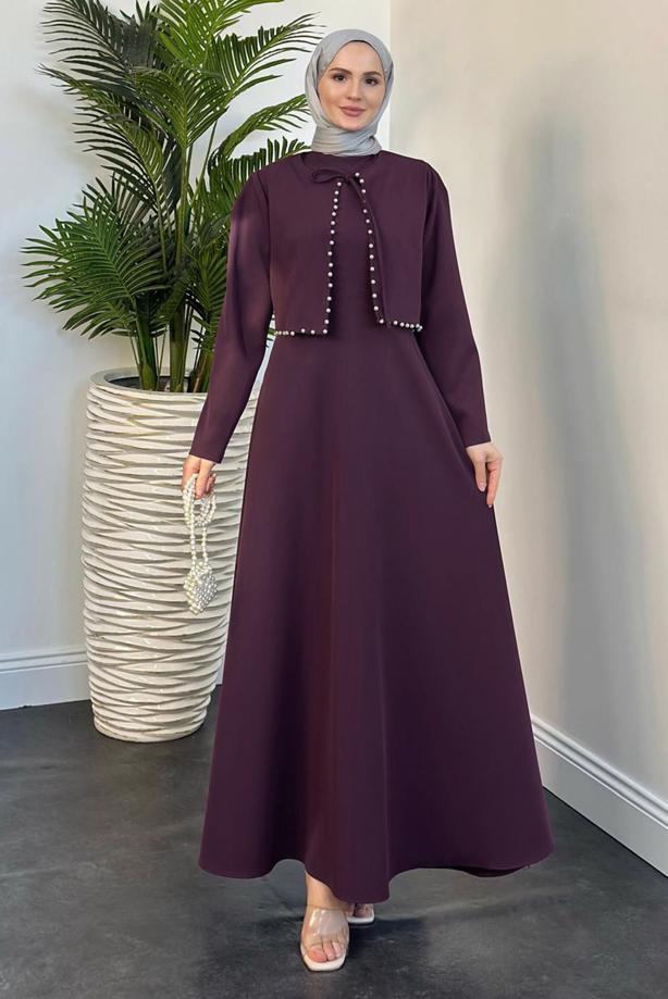 Vêtements hijab PRUNE COSTUME AVEC PERLES T 6416 - TRENDTESETTÜR