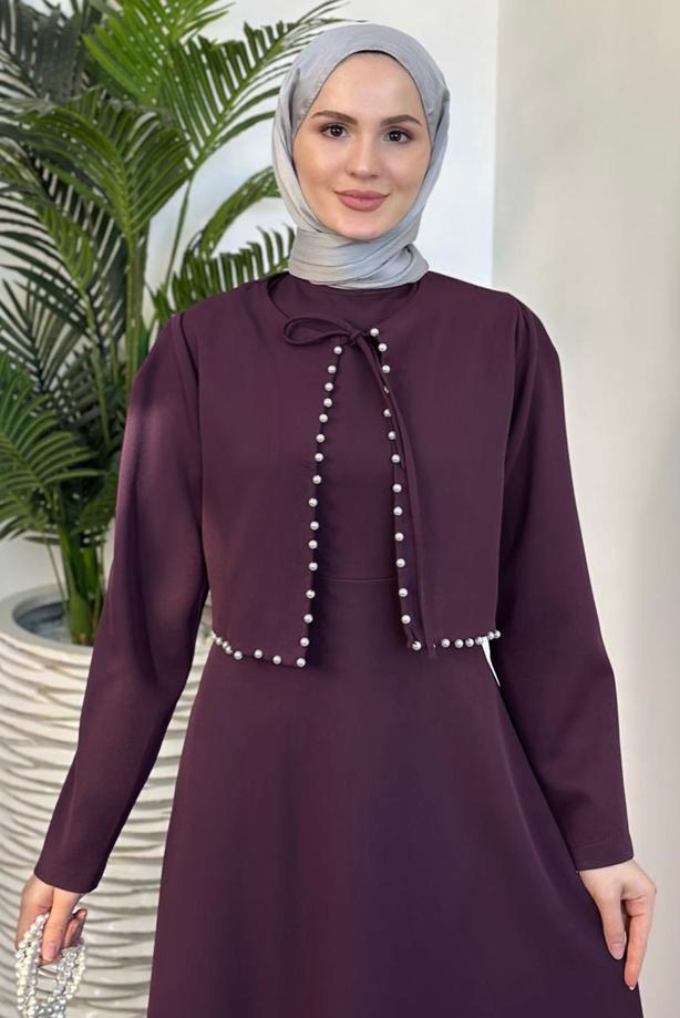 Vêtements hijab PRUNE COSTUME AVEC PERLES T 6416 - TRENDTESETTÜR