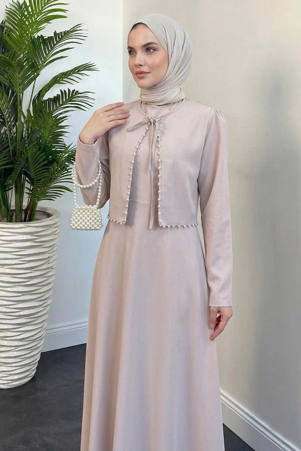 Hijab clothing POWDER DRESS SUIT WITH PEARL T 6416 - TRENDTESETTÜR