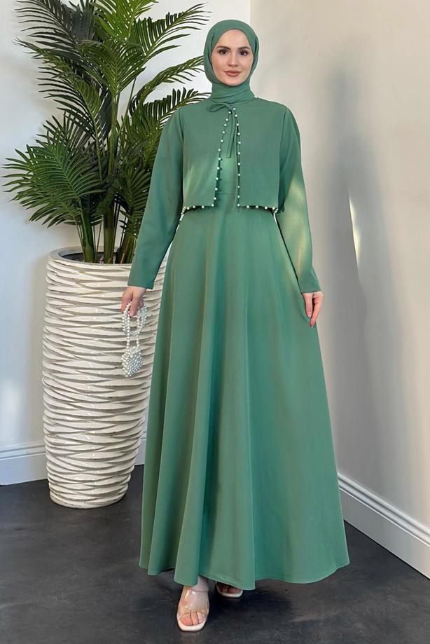 Vêtements hijab VERT COSTUME AVEC PERLES T 6416 - TRENDTESETTÜR