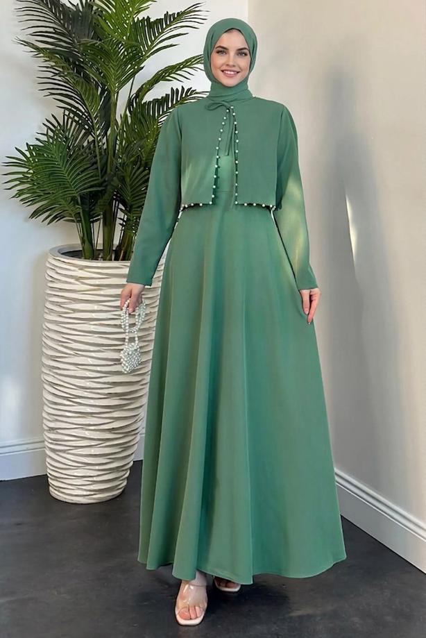 Hijab clothing GREEN DRESS SUIT WITH PEARL T 6416 - TRENDTESETTÜR