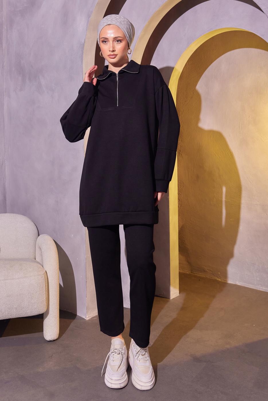 Tesettür giyim SİYAH ÖRME PANTOLONLU TAKIM T 0144