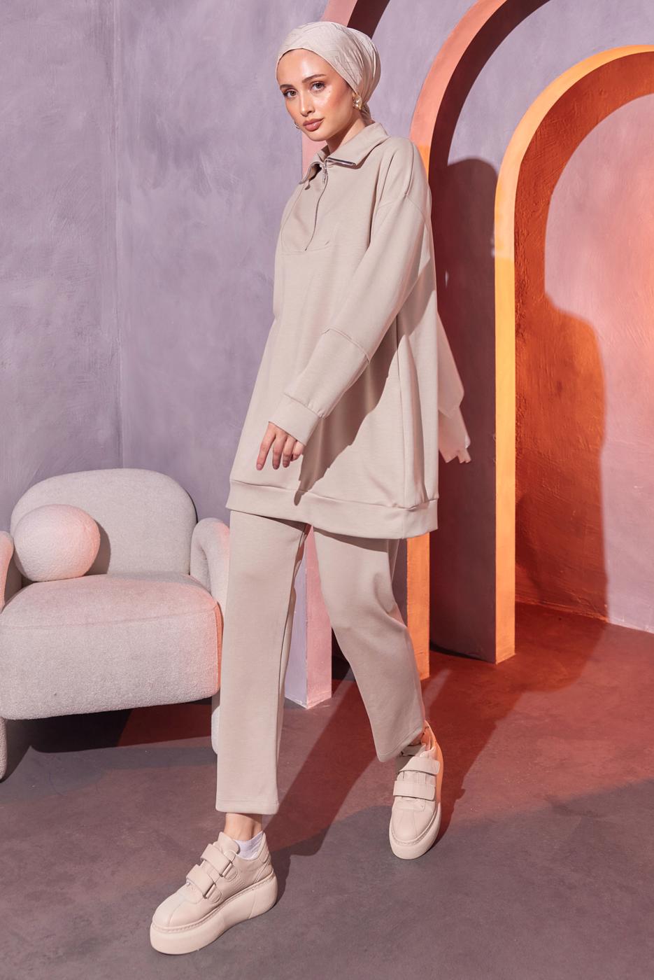 Tesettür giyim BEJ ÖRME PANTOLONLU TAKIM T 0144