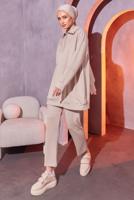 Tesettür giyim BEJ ÖRME PANTOLONLU TAKIM T 0144