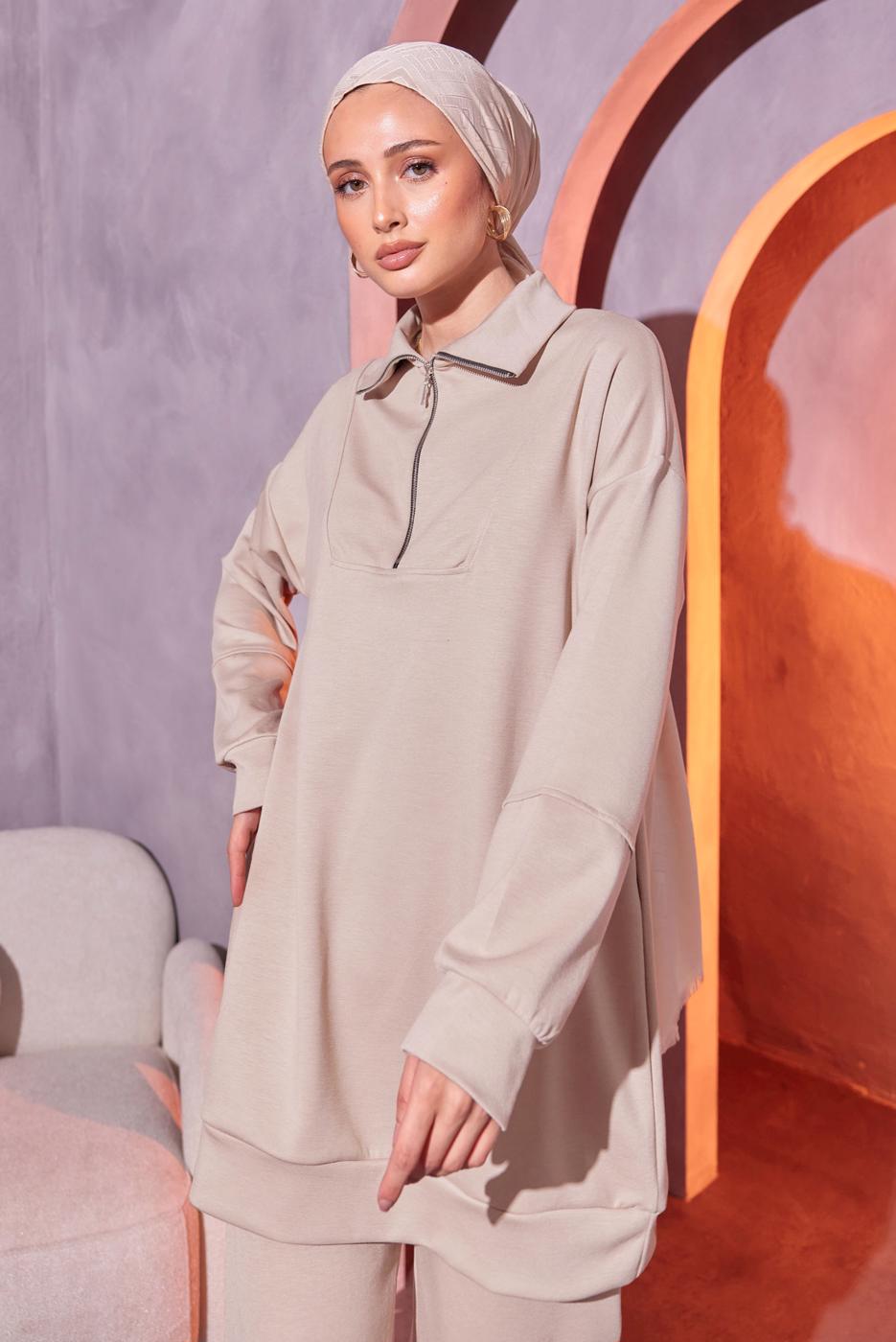 Tesettür giyim BEJ ÖRME PANTOLONLU TAKIM T 0144