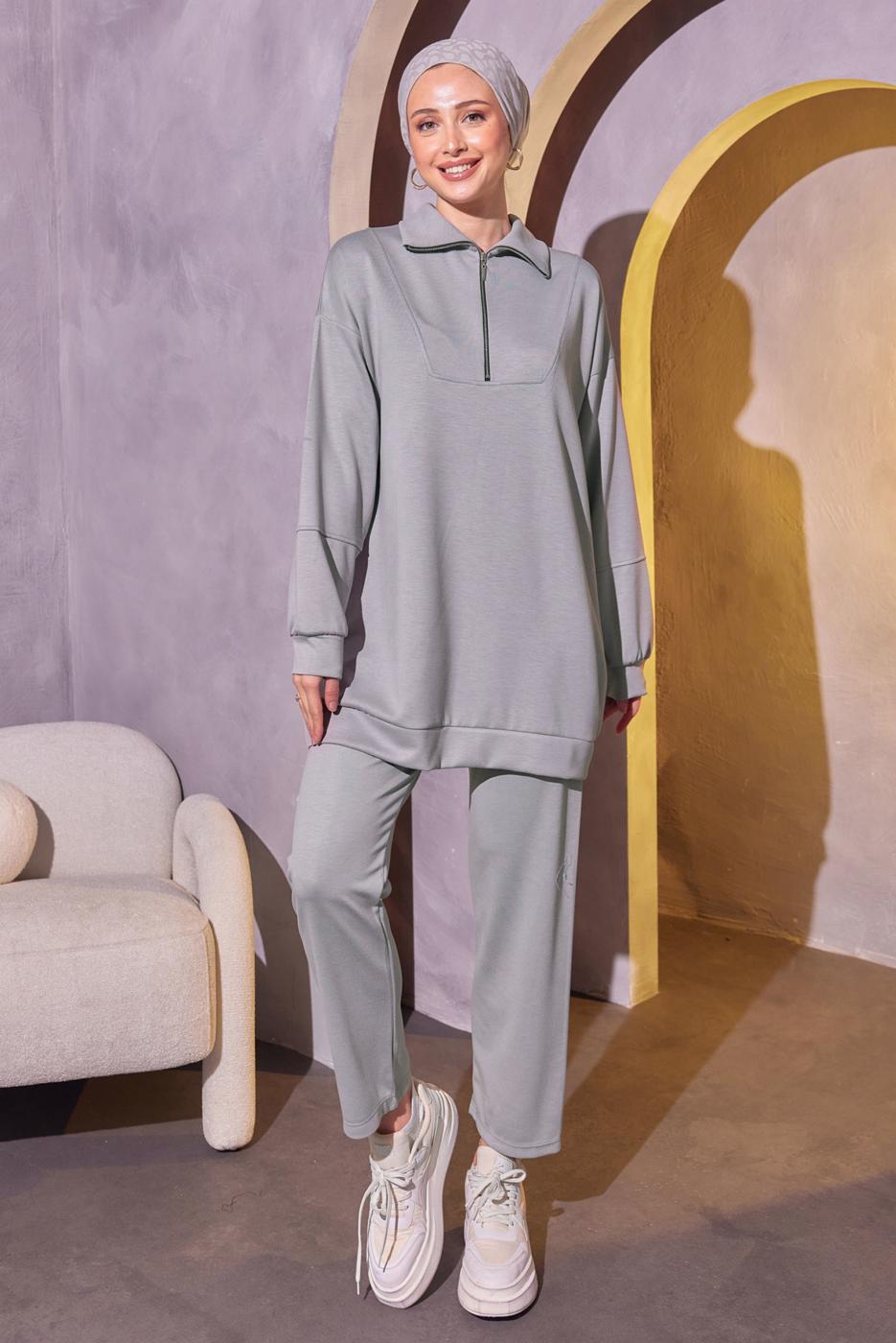 Tesettür giyim GRİ ÖRME PANTOLONLU TAKIM T 0144