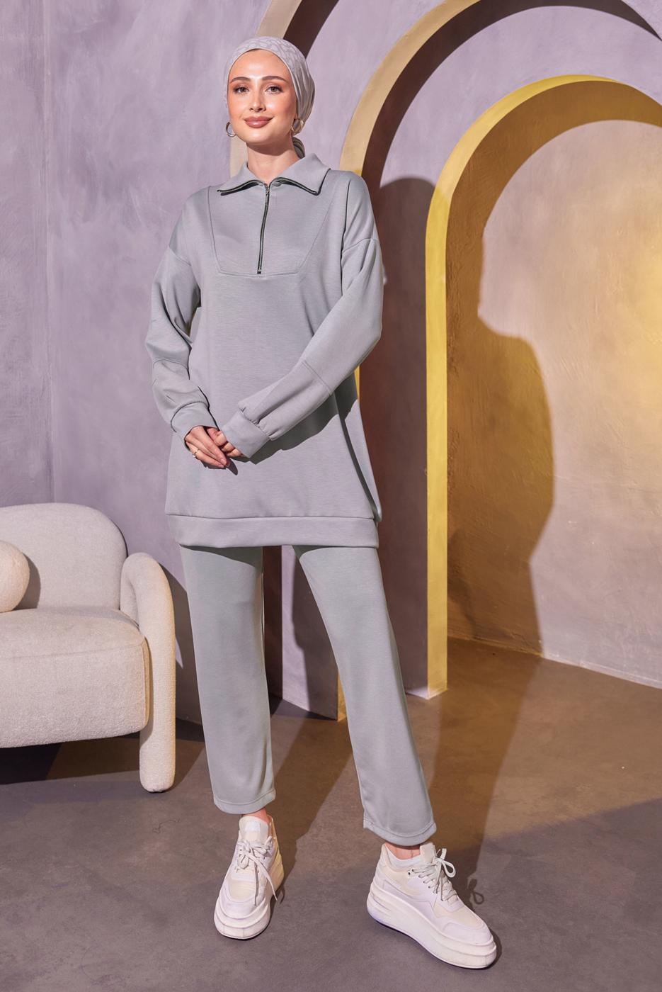 Tesettür giyim GRİ ÖRME PANTOLONLU TAKIM T 0144