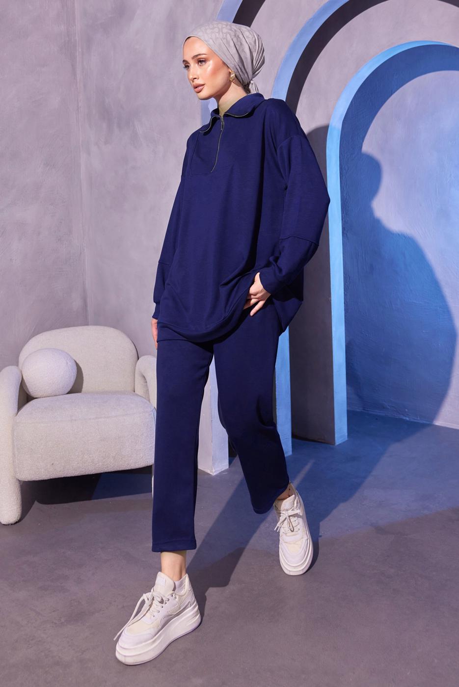 Tesettür giyim LACİVERT ÖRME PANTOLONLU TAKIM T 0144