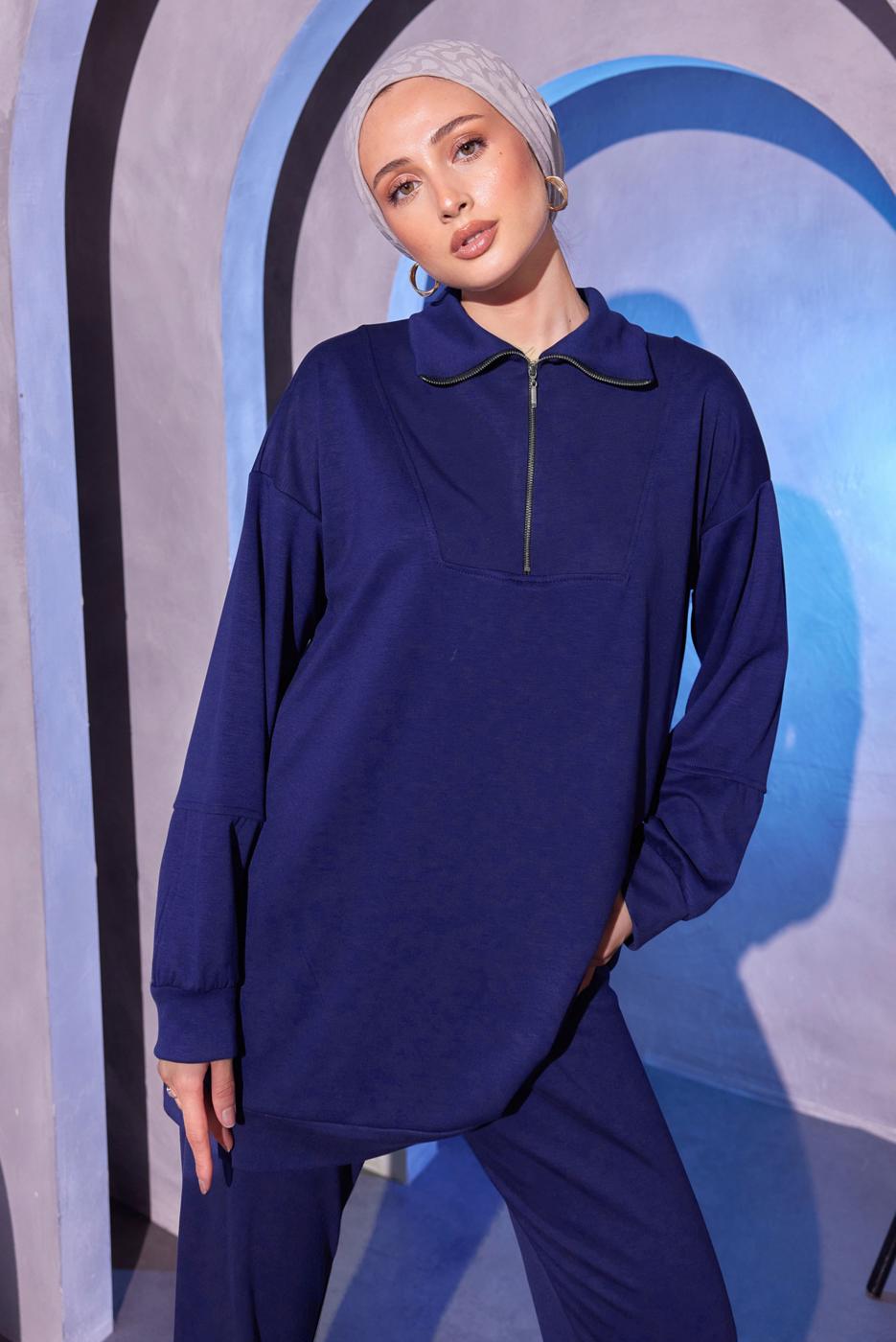 Tesettür giyim LACİVERT ÖRME PANTOLONLU TAKIM T 0144