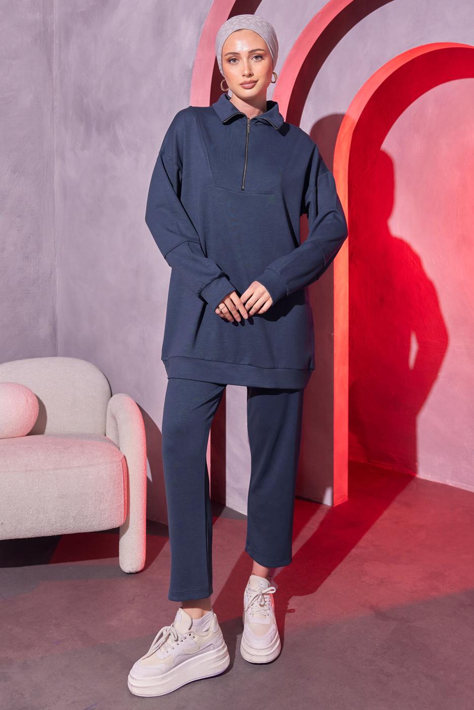 Tesettür giyim GRİ ÖRME PANTOLONLU TAKIM T 0144