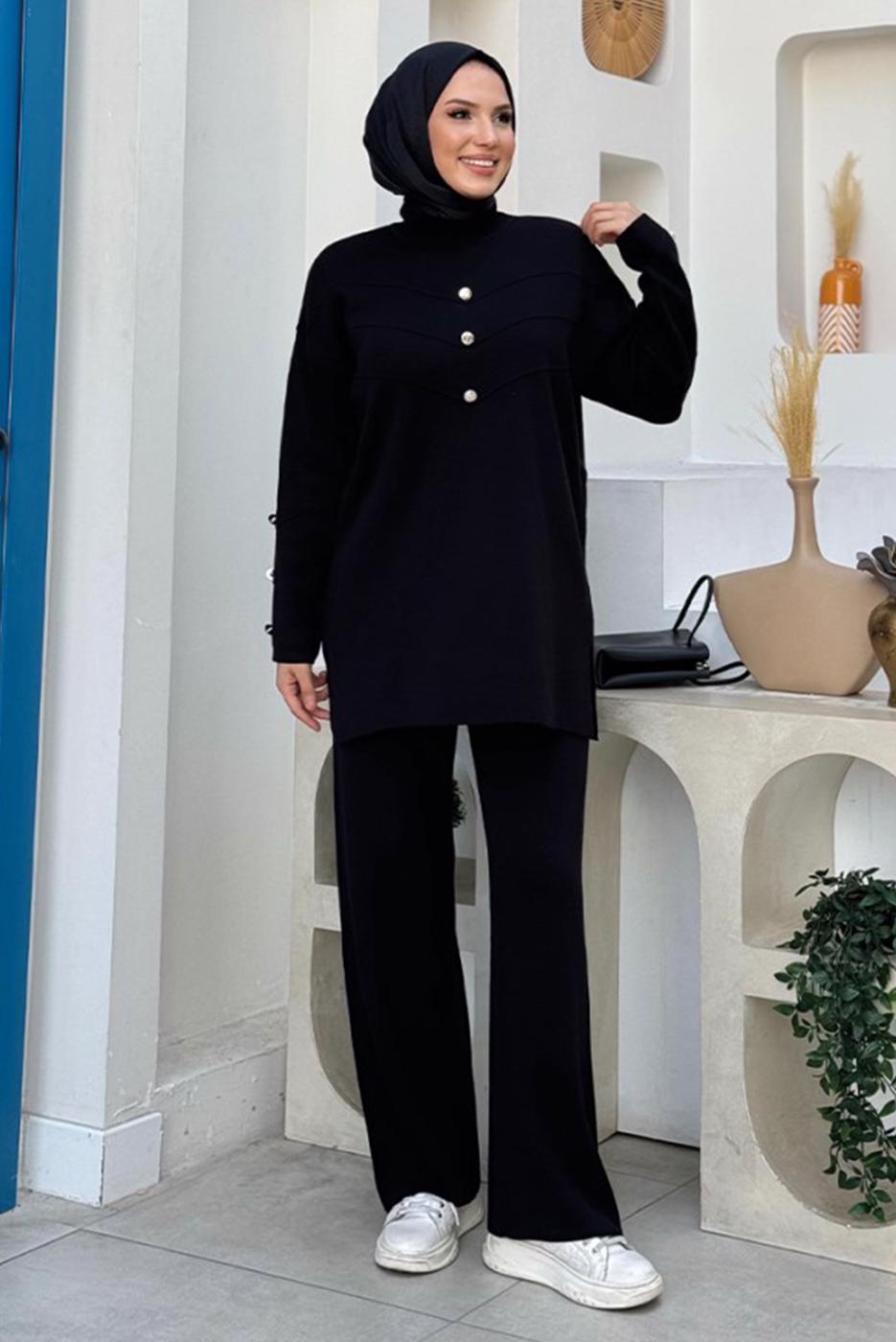 Tesettür giyim SİYAH PANTOLONLU TRİKO TAKIM T 0351-2