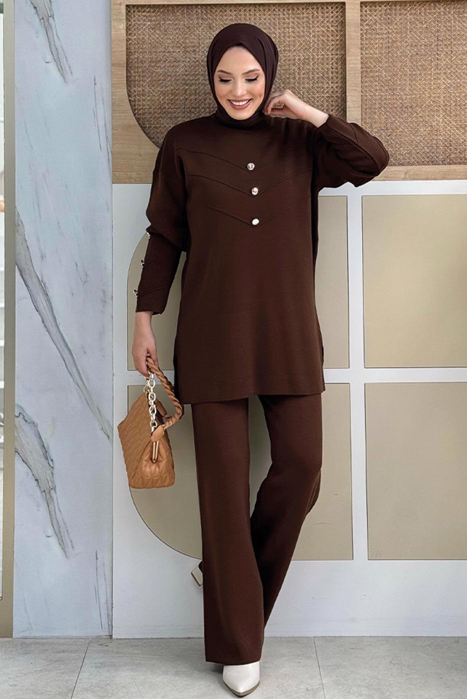 Tesettür giyim KAHVE PANTOLONLU TRİKO TAKIM T 0351-2