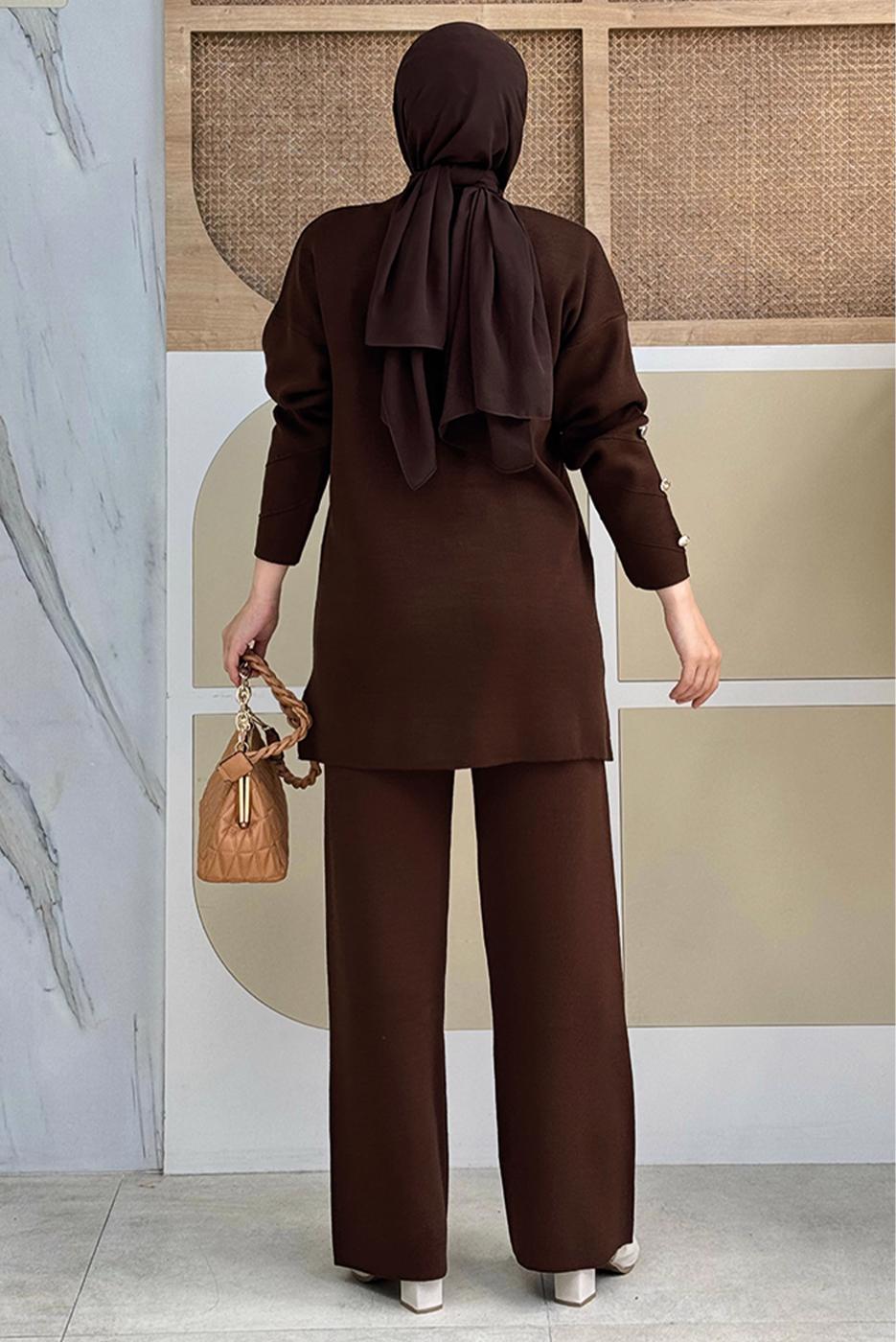 Tesettür giyim KAHVE PANTOLONLU TRİKO TAKIM T 0351-2
