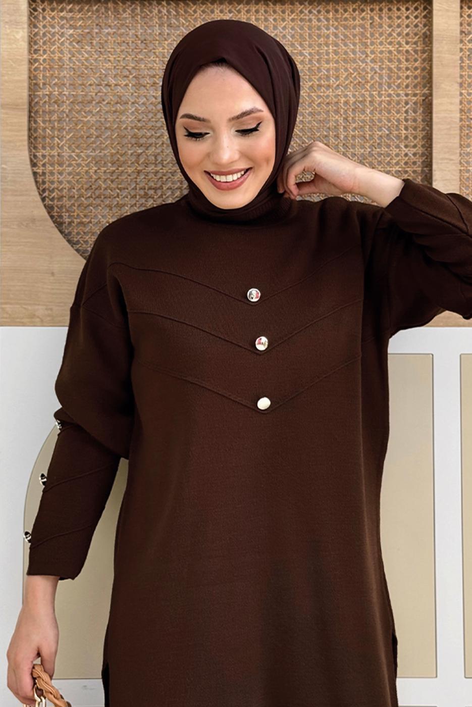 Tesettür giyim KAHVE PANTOLONLU TRİKO TAKIM T 0351-2