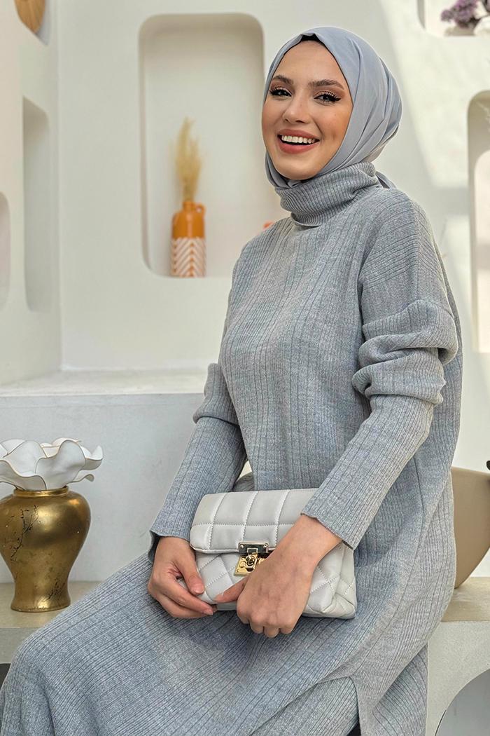 Tesettür giyim GRİ PANTOLONLU TRİKO TAKIM T 1006-2